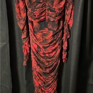 Elegant Red and Black Floral Dress